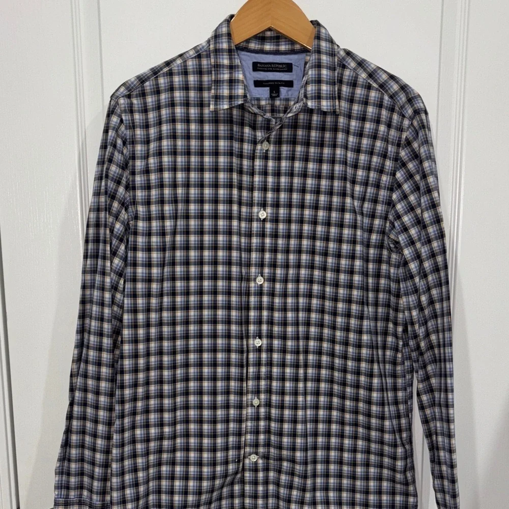 Banana Republic Custom 078 wash shirt Men's Plaid Shirt - Blue and white large